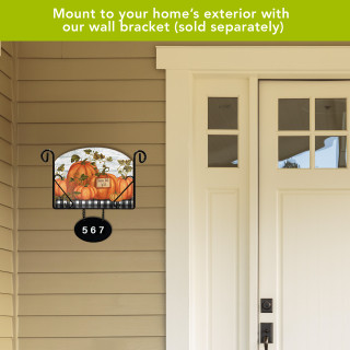 Happy Fall Y'all Acrylic Art Sign with pumpkins and house number 567 on black metal bracket.