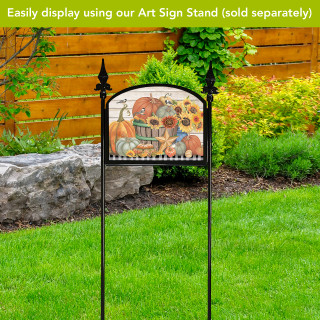 Bountiful Bushel Acrylic Art Sign with colorful pumpkins and gourds on decorative garden sign stand.