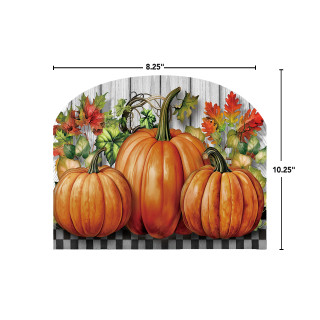 Country Pumpkins Acrylic Art Sign, 8.25x10.25 inches, three orange pumpkins with fall leaves and wood background.