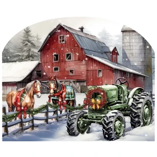 Christmas on the Farm Acrylic Art Sign with green tractor, horses, and red barn in winter scene.