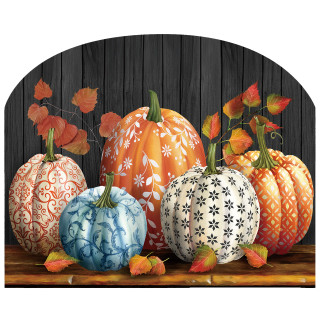 Elegant Pumpkins Acrylic Art Sign with colorful patterned pumpkins and fall leaves on a wooden table.