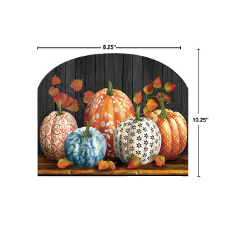 Elegant Pumpkins Acrylic Art Sign, 8.25x10.25 inches, decorative pumpkins and leaves on wooden shelf.