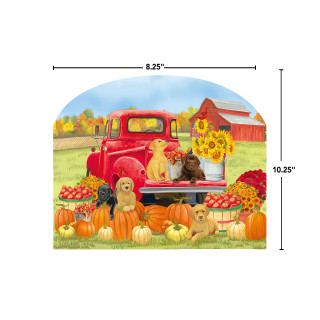 Fall Puppies Acrylic Art Sign with red truck, puppies, pumpkins, and sunflowers in a rural setting.