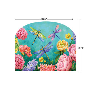 Dragonfly Garden Acrylic Art Sign, colorful flowers and dragonflies on blue background, 8.25 x 10.25 inches.