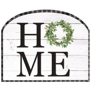 Home Acrylic Art Sign with white distressed wood, green wreath, and black letters and border.