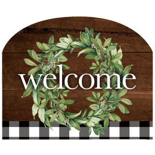 Farmhouse wreath acrylic art sign with welcome text on wooden background and green leaves decoration.