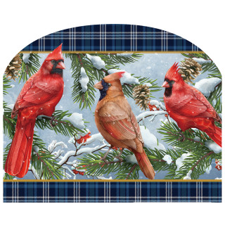 Wintertime Cardinals Acrylic Art Sign, three cardinals on snowy pine branches with plaid border.