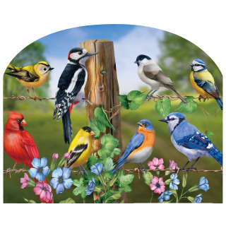 Country Birds Acrylic Art Sign with colorful birds, flowers, and greenery on wooden post outdoors.