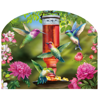 Hummingbird Feeder Acrylic Art Sign with colorful birds, flowers, and a red feeder on a wooden base.