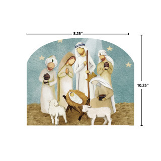 Rejoice Nativity scene acrylic art sign with people and lambs on brown ground under starry sky.
