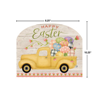 Easter Egg Pickup Acrylic Art Sign, yellow truck with colorful eggs and Happy Easter text.