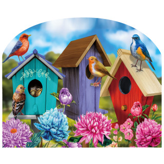 Colorful birdhouses with birds and flowers, vibrant spring acrylic art sign with blue, purple, red houses.