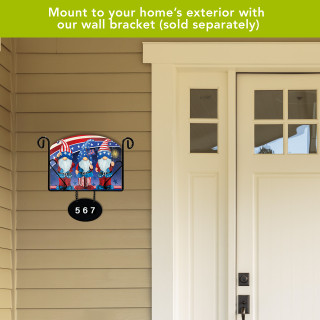 Patriotic Gnomes Acrylic Art Sign with gnomes and American flag design on exterior house wall bracket.