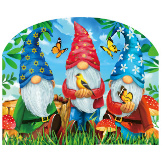 Gnome Sweet Gnome Acrylic Art Sign with colorful gnomes, butterflies, and mushrooms on a blue background.