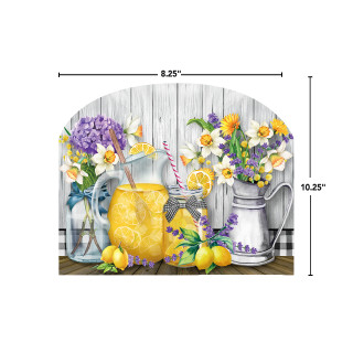 Lemonade Acrylic Art Sign, yellow pitcher with lemons and flowers on a wooden surface displayed.