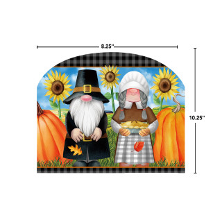 Thanksgiving Gnomes Acrylic Art Sign, 8.25" x 10.25", black, white, orange, and yellow gnomes.