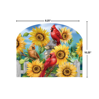 Cardinals and Sunflowers Acrylic Art Sign, 8.25"x10.25", featuring red cardinals, sunflowers, and white fence.