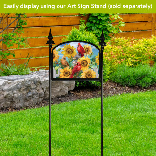 Cardinals and Sunflowers Acrylic Art Sign on stand with black metal frame and vibrant floral design.