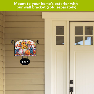 American Autumn Acrylic Art Sign with floral design and house number 567 on a wall bracket.