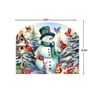 Snowman and Birds Acrylic Art Sign, snowman with hat, scarf, birds, and woodland creatures, winter scene.