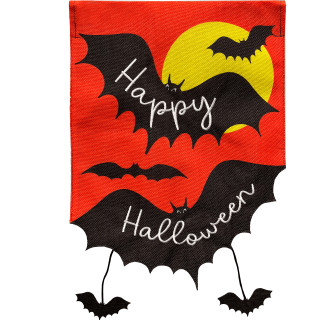 Red burlap garden flag with black bats, yellow moon, and Happy Halloween text in white.