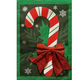 Festive Candy Cane Burlap Garden Flag with red bow and green border snowflakes design.