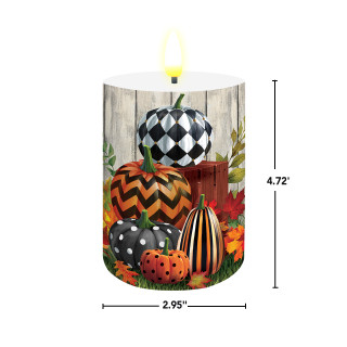 Patterned Pumpkins Flameless Candle, cylindrical, 2.95" wide, 4.72" tall, with lit flame and fall design.