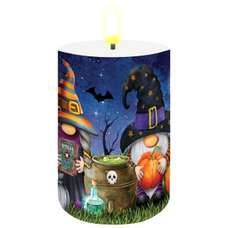 Halloween Gnomes flameless candle with gnomes, cauldron, and spooky night scene.