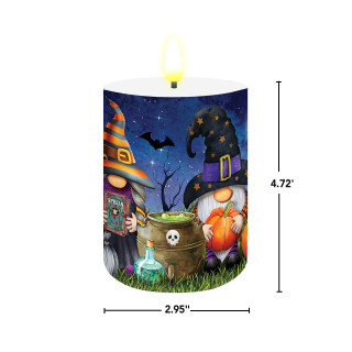 Halloween Gnomes flameless candle with gnomes and cauldron on a dark blue starry night background.