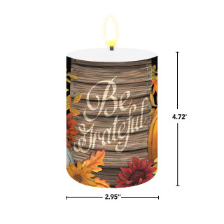 Be Grateful Fall Flameless Candle, 2.95" x 4.72", autumn leaves design, wooden texture, warm glow.
