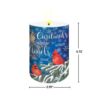 Cardinals Appear Flameless Candle, 2.95" x 4.72", featuring red cardinals and snowflakes on blue background.