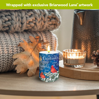 Cardinals Appear Flameless Candle, blue and white color with red cardinals design on lit candle.