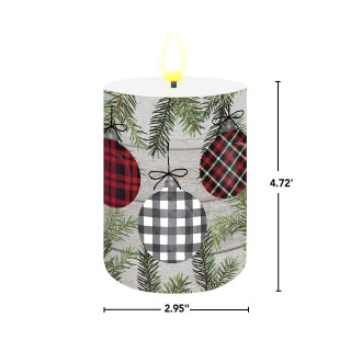 Patterned Ornaments Flameless Candle with evergreen branches and plaid ornaments in red, black, and white.