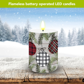 Patterned Ornaments Flameless Candle, battery operated LED candle with holiday design and lit yellow flame.