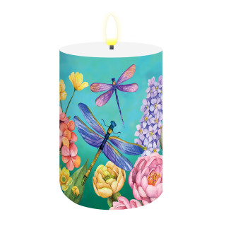Dragonfly Garden Flameless Candle, colorful floral design with dragonflies on teal background, white top.