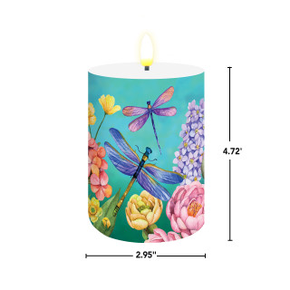 Dragonfly Garden Flameless Candle, cylindrical, 2.95x4.72 inches, colorful floral design with dragonflies on teal background.