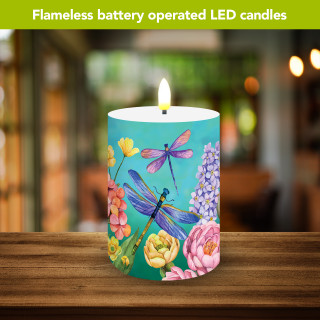 Dragonfly Garden Flameless Candle, LED battery operated candle with colorful dragonfly and floral design.