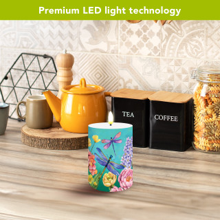Dragonfly Garden Flameless Candle, colorful LED candle with dragonfly design, vibrant blue and floral pattern.