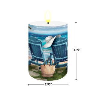 Seaside Escape Flameless Candle, cylindrical, blue beach chairs, ocean view, 2.95 x 4.72 inches.
