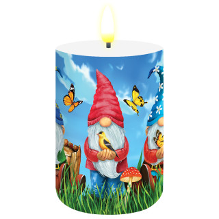 Gnome Sweet Gnome Flameless Candle with colorful garden gnomes, butterflies, and mushrooms on a blue background.