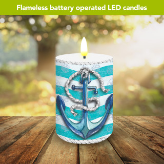 Welcome Anchor Flameless LED candle with nautical anchor design on turquoise and white striped background.