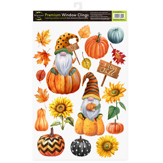 Fall Gnomes Window Clings, orange, yellow, and blue seasonal stickers with gnomes and pumpkins.
