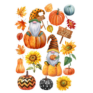 Fall Gnomes Window Clings with pumpkins, sunflowers, and leaves in autumn colors and designs.