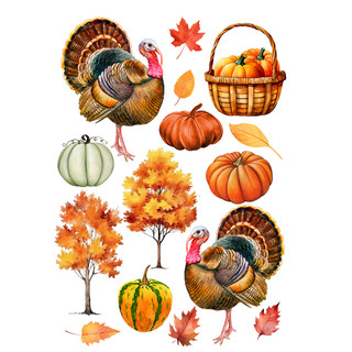 Turkey and pumpkins window clings with turkeys, pumpkins, basket, and fall leaves on white background.