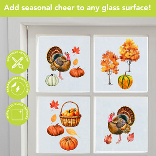Turkey and Pumpkins Window Clings, colorful autumn themed turkeys pumpkins and trees on glass surface.