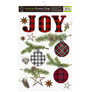 Patterned Ornaments Window Clings with pine branches, plaid balls, and stars in red, black, and white.