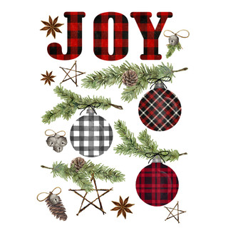 Patterned Ornaments Window Clings with plaid designs, pine branches, and stars on a white background.