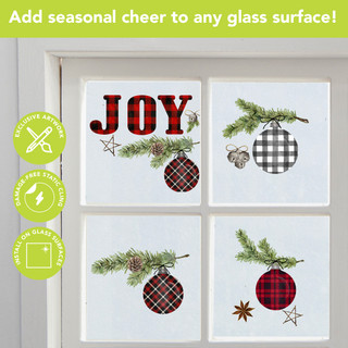 Patterned Ornaments Window Clings, red, black, and white holiday decorations on a glass surface.