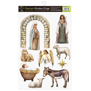 Away in a Manger Window Clings with nativity scene stickers of Mary, Joseph, baby Jesus, animals.