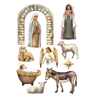 Away in a Manger Window Clings with Mary, Joseph, angel, baby Jesus, donkey, lamb, and sheep.